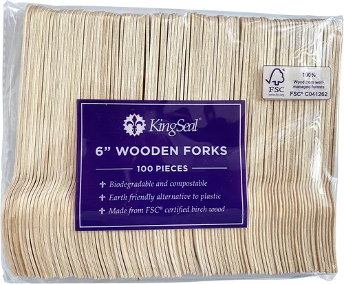 Miniatura 3 de KingSeal - 100 tenedores desechables de madera de abedul, biodegradables y respetuosos con el medio ambiente, certificado FSC, 6 pulgadas
