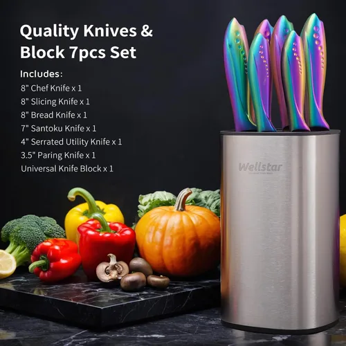 Miniatura 8 de WELLSTAR Rainbow - Juego de 7 cuchillos de cocina de acero inoxidable de alto carbono iridiscentes alemanes con bloque universal de cuchillos, Juego