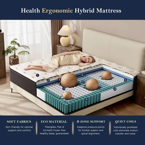 Miniatura 6 de Colchón HELFIM® tamaño matrimonial de 10 pulgadas - Colchón ergonómico de firmeza media con resortes en bolsillos de zonas híbridas y espuma