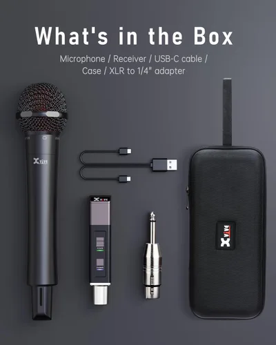Miniatura 9 de Xvive Sistema de micrófono inalámbrico de mano M5, micrófono XLR inalámbrico Plug and Play de 5.8 GHz con receptor compacto, escaneo automático
