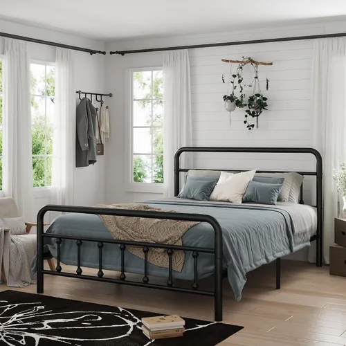 Miniatura 3 de Marco de cama de plataforma de metal, cama de hierro de estilo victoriano con cabecero, marco resistente y listones, almacenamiento debajo