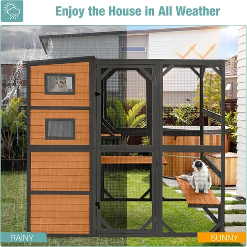 Miniatura 6 de Big Catio - Casa para gatos al aire libre, refugio de madera para gatos de 4 niveles con gran espacio interior (marrón, extragrande)