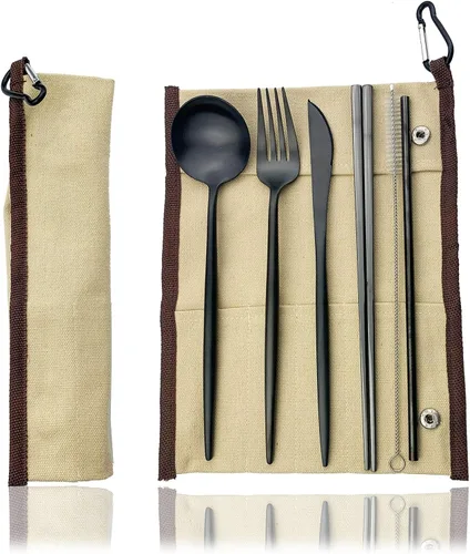 Miniatura 6 de JASHII El juego de cubiertos de viaje incluye cuchillo reutilizable, tenedor, cuchara, palillos, pajilla, utensilios ecológicos, utensilios de Azul