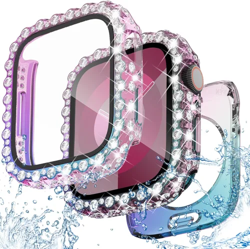 Miniatura 10 de NewWays Funda impermeable 2 en 1 de 1.772 pulgadas para Apple Watch Series 9, 8, 7, encaje completo con diamantes de imitación y purpurina para Oro