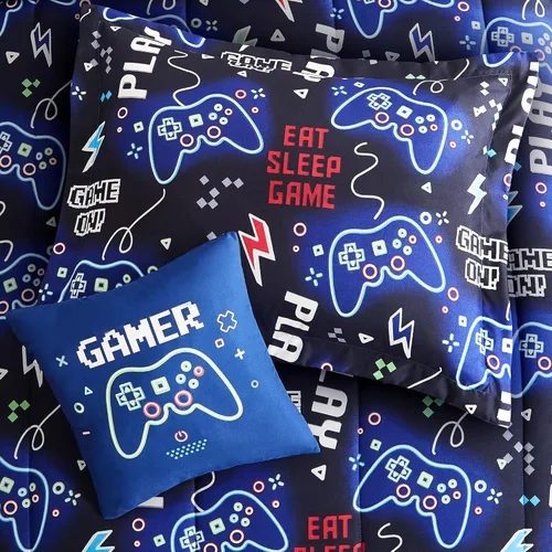 Miniatura 5 de Juego de edredón para niños Kaleido Space tamaño individual para niños, juego de ropa de cama para niños con luz en la oscuridad para jugadores, 1