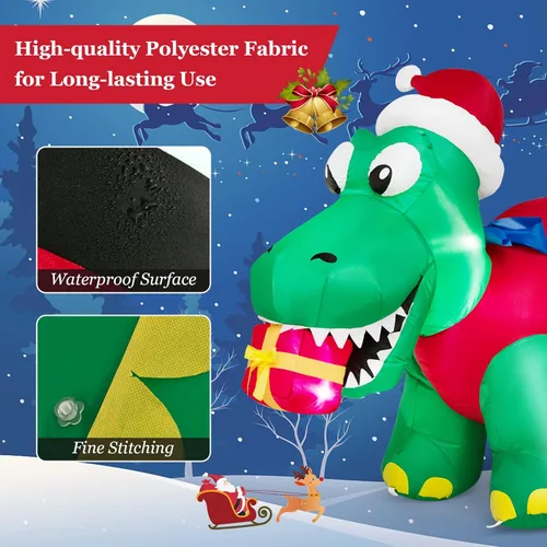 Miniatura 6 de Tangkula Mordedura inflable de dinosaurio de Navidad iluminada de 6 pies, caja de regalo, decoración inflable de Navidad con luces LED y caja