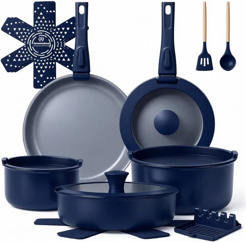 Miniatura 10 de Ammeloo Juego de 18 Piezas de Ollas y Sartenes Antiadherentes, Juego de Utensilios de Cocina de Cerámica de Inducción con Mango Desmontable, Juego