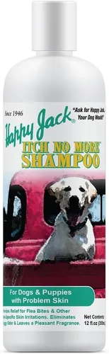Happy Jack Champú para aliviar la picazón del perro y tratamiento medicado (12 onzas) detiene la picazón, los arañazos y el roer rápidamente, alivia
