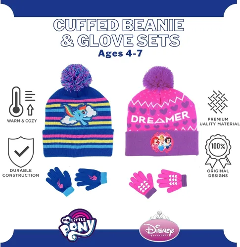 Miniatura 4 de Paquete de 2 sombreros de invierno para niños, guantes o mitones, My Little Pony y Princess Baby Beanie para niñas de 4 a 7 años, azulrosa, AzulRosa