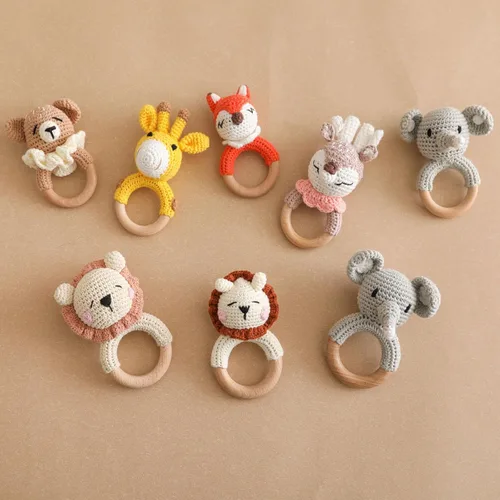 Miniatura 6 de Sonajero de madera para bebés,Sonajero de oso de ganchillo con anillo de madera, Juguete de sonajero de animales de madera recién nacidos,Juguetes