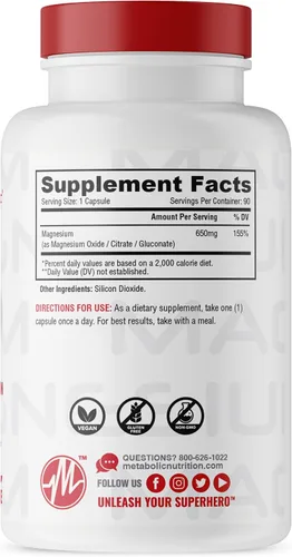 Miniatura 2 de Metabolic Nutrition Magnesio, 650 mg por porción, sin OMG, vegano, sin gluten, 90 cápsulas