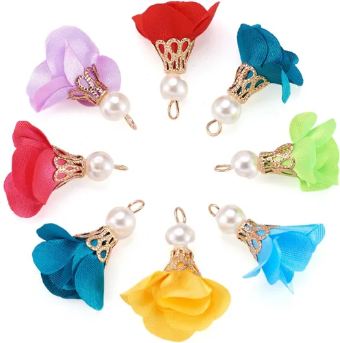 Miniatura 12 de Cheriswelry Colgantes de flores de tela de tela con pétalos florales con tapa dorada para aretes de bricolaje, llavero, fabricación de joyas