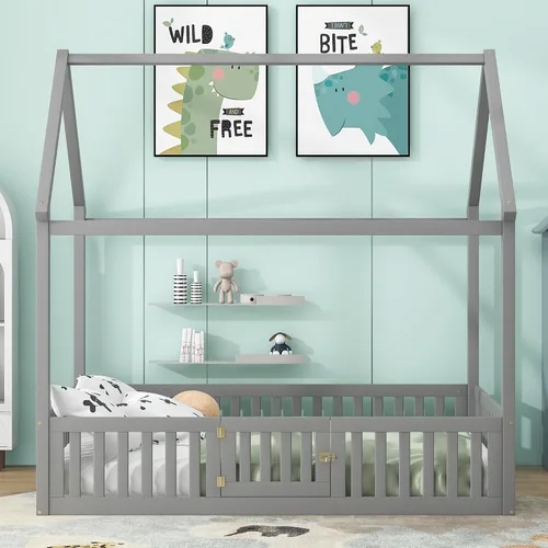 Miniatura 3 de VilroCaz Cama de casa de tamaño matrimonial para niños, marco de cama Montessori de madera maciza con valla y puerta para niños y niñas, diseño