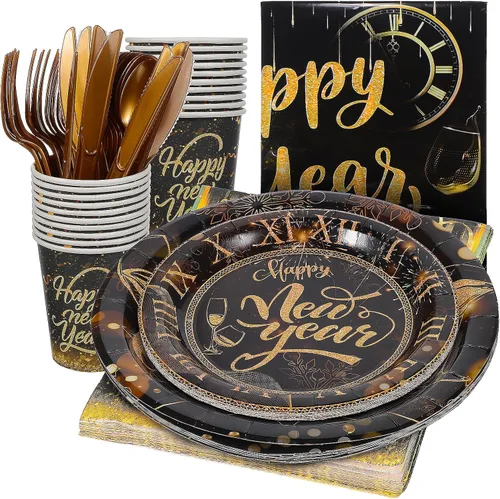 Toyvian Suministros para fiestas de Año Nuevo 2026, platos de papel desechables, servilletas, tenedores, vasos, decoraciones de cena, platos de Año