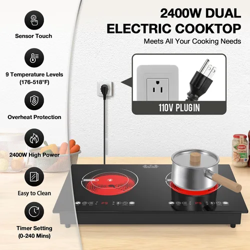 Miniatura 3 de VBGK Placa de cocina eléctrica de 3 quemadores, estufa eléctrica de 24 pulgadas, control táctil y de perilla, LED, 9 niveles de potencia, bloqueo