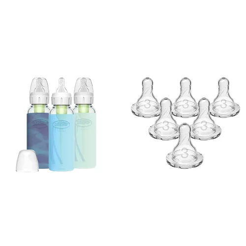 Dr. Brown's Natural Flow Anti-Colic Options+ Biberón de vidrio estrecho, 8 oz/8.5 fl oz, con silicona y Dr. Brown's Natural Flow Level 3 Boquilla