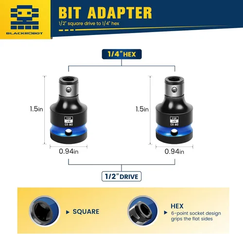 Miniatura 2 de BLACKROBOT 2 PCS Portabrocas de Impacto Adaptador de Transmisión Cuadrada de 1/2 Pulgada a Casquillo Hexagonal de 1/4 Pulgada para Llave de Impacto