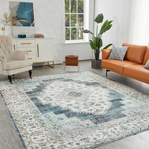 Miniatura 430 de Syalife 4x6 Alfombra Lavable para Área, Ultra Suave Antideslizante, Pila Baja, Alfombra Vintage Resistente a Manchas para Sala de Estar, Alfombra