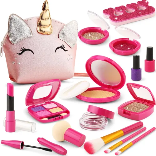 Kit de maquillaje de simulación para niñas pequeñas, juego de maquillaje para niños de 3 a 5 años, bolso de juguete de unicornio con maquillaje