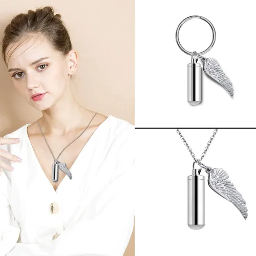 Miniatura 3 de Dletay - Collar de urna de cremación para cenizas, colgante de recuerdo con alas de ángel, acero inoxidable