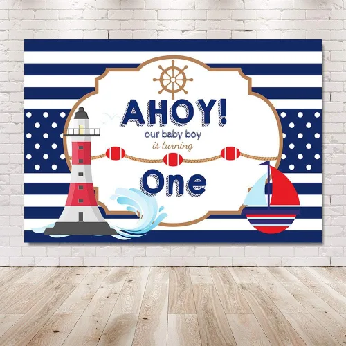 Miniatura 5 de MEHOFOND Ahoy - Telón de fondo náutico para primer cumpleaños con diseño de rayas azules, barco, bebé, bebé, cumpleaños, fotografía de fondo