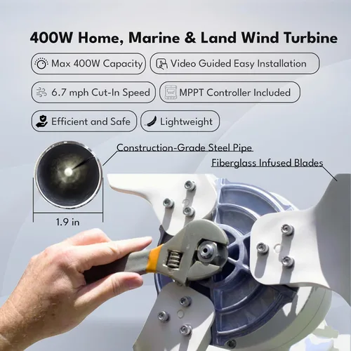 Miniatura 2 de Windmill 400W 12V Kit generador de turbina eólica terrestre y marina, controlador de carga MPPT incorporado + sistema de frenado automático y manual