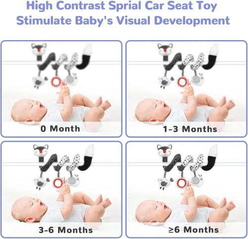 Miniatura 4 de XIXILAND Juguetes de peluche en espiral para bebé, juguetes de asiento de coche en blanco y negro, juguete de alto contraste para bebés recién