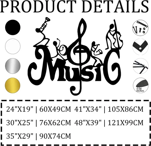 Miniatura 2 de Arte de pared de metal, notas musicales, decoración de pared musical, letreros para decoración de pared, decoración de pared, arte de pared Negro
