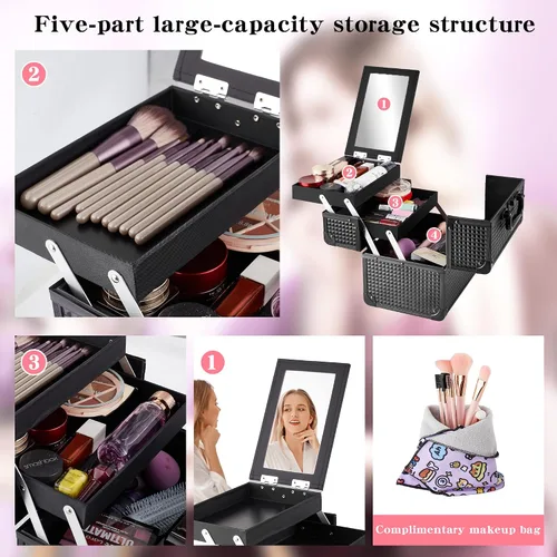 Miniatura 4 de Neceser de Tren de Maquillaje, Estuche de Maquillaje Portátil con Espejo, Organizador de Cosméticos de 2 Bandejas, Organizador de Esmalte de Uñas