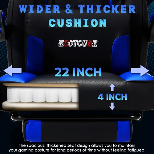 Miniatura 6 de ECOTOUGE Silla de juegos con reposapiés, silla grande y alta con soporte lumbar de masaje, silla ergonómica con respaldo alto reclinable, silla Azul