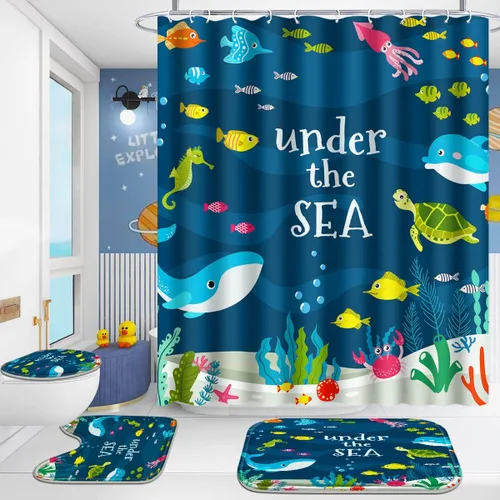 Poedist 4 Pcs Bathroom Shower Curtain Set,Green Rose Bathroom Set, Shower Curtain Sets with Rugs(Bath Mat,U Shape and Toilet Lid Cover Mat) and 12