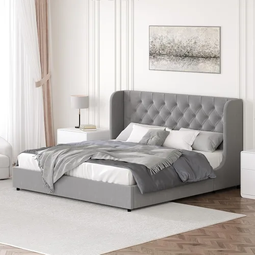 HOMBCK - Marco de cama tamaño completo, base de cama tapizada en plataforma gris con cabecero, terciopelo acolchado, diseño de ala curvada, listones