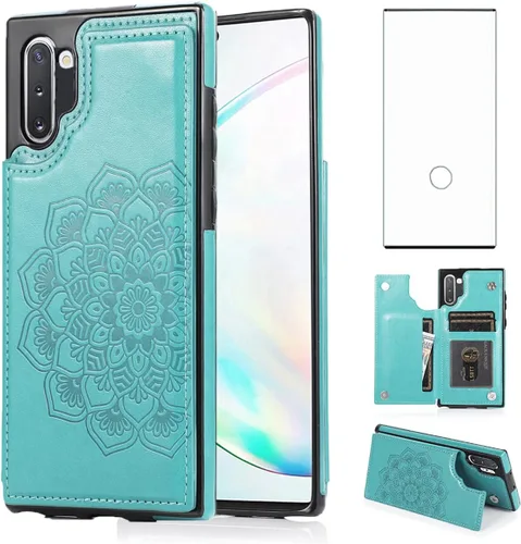 Miniatura 9 de Funda diseñada para Samsung Note 10 con protector de pantalla de vidrio templado, ranura para tarjetas de crédito, cartera de piel sintética, funda