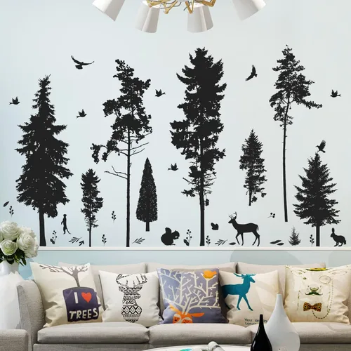 Miniatura 4 de Vinilo adhesivo de pared de pino, 9 árboles, ciervos, pájaros, conejos, bosques y naturaleza, removible de vinilo negro de alta calidad para niños