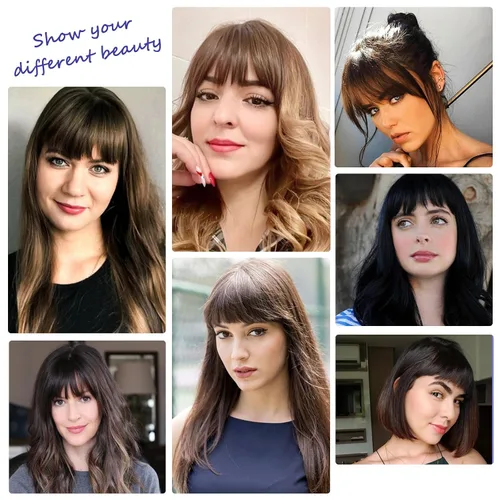 Miniatura 7 de Extensiones de cabello sintético con clip, flequillo francés, con sienes, color marrón ceniza, flequillo falso natural con clip para mujer, uso