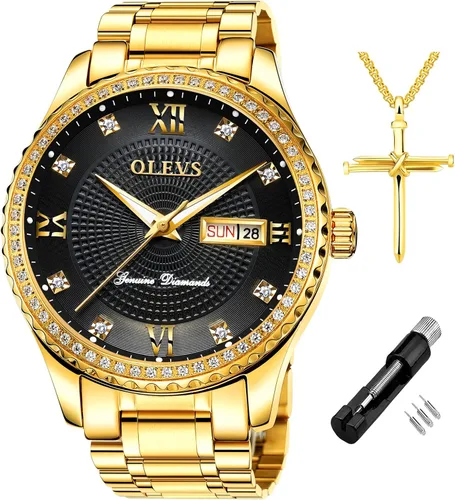 Miniatura 52 de OLEVS - Relojes de diamantes para hombres, relojes de vestir a prueba de agua, relojes analógicos de cuarzo de lujo con calendario de fecha y correa