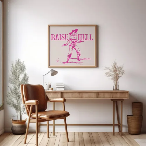 Miniatura 6 de Poster Master Póster retro de vaquera rosa con texto en inglés "Raise Hell", diseño de pared occidental, regalo para hombres y mujeres, decoración