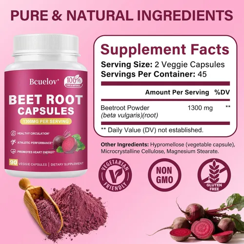 Miniatura 2 de Cápsulas de raíz de remolacha Cápsulas de polvo de remolacha pura de 1300 mg - Apoya la presión arterial, energía natural y resistencia - 90