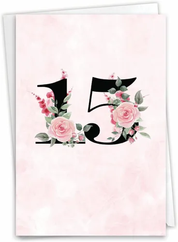NobleWorks - Tarjeta de felicitación del aniversario del 15º hito con sobre de 5 x 7 para hombres y mujeres (1 tarjeta) trabajo floral 15