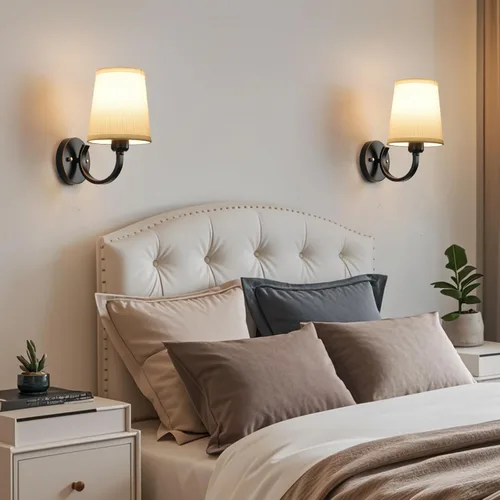 Miniatura 2 de Juego de 2 Apliques de Pared, Lámparas de Pared Modernas para Dormitorio, Apliques Luminaria de Pared con Pantalla de Tela Beige, Lámparas de Pared