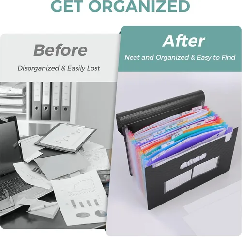 Miniatura 4 de SKYDUE Organizador de archivos de acordeón, carpeta de archivos expandible con 13 bolsillos, organizador portátil de recibos de papel para Negro