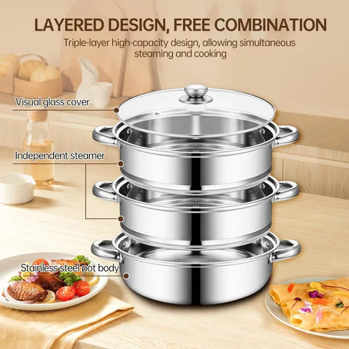 Miniatura 4 de Olla de vapor de acero inoxidable de 3 niveles con tapa, ollas de vapor multiusos para cocinar, juego de vapor de verduras y albóndigas con asas