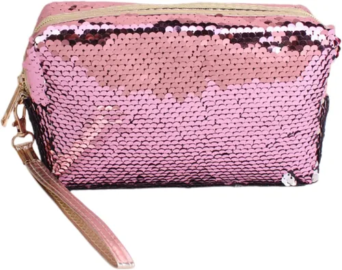 Magic Sequin Travel Cosmetic Bags Reversible Glitter Maquillaje Organizador Bolsa Bolsa para Mujer (Rosa)