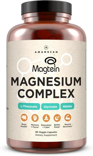 AMANDEAN Complejo de magnesio Magtein. L-treonato, glicinato, malato Mezcla triple quelada de suplemento de magnesio. 90 cápsulas vegetarianas.
