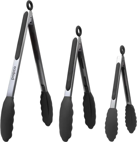 Miniatura 9 de Popco Juego de pinzas de cocina de 3 piezas, puntas de silicona resistentes al calor, agarre fuerte y cómodo, 3 tamaños (7, 9, 12 pulgadas), Rojo