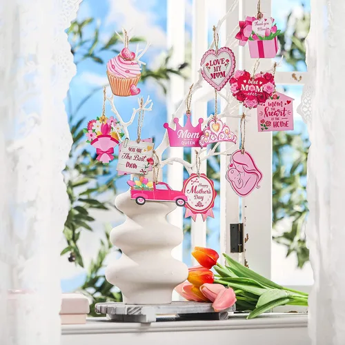 Miniatura 4 de FairySandy 36 piezas de adornos para el día de la madre para árbol de madera, rosa, mamá, mujeres, decoración de árbol, flores rústicas, magdalenas
