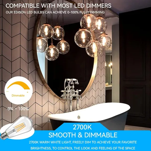 Miniatura 4 de Jensense Edison - Bombillas LED E26 de 6 W, equivalente a 60 W, bombillas LED vintage CRI90+ ST19, bombillas transparentes regulables, 2700 K, 2700K
