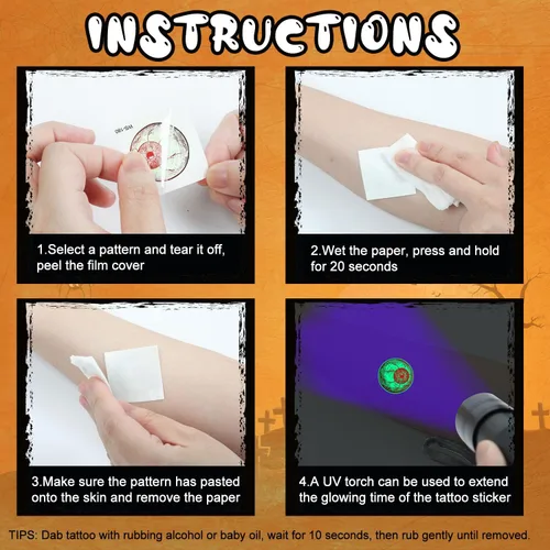 Miniatura 5 de OLIKER - 204 tatuajes de Halloween para niños, envueltos individualmente que brillan en la oscuridad, tatuajes luminosos para Halloween, tatuajes