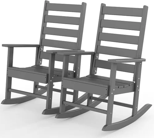Miniatura 22 de GREENVINES Juego de 2 sillas mecedoras para exteriores Plástico HDPE Mecedoras de patio Silla mecedora de porche Coctelera De gran