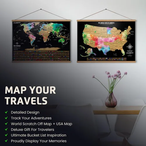 Miniatura 8 de Landmass Póster de mapa del mundo para rascar, mapa de Estados Unidos de bonificación incluido, rastrea tus viajes con banderas, mapa detallado
